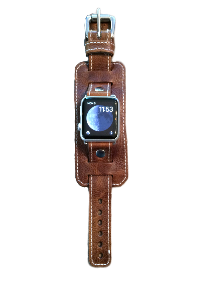 Apple Watch "1990" leather cuff watch band (Vintage Brown/White stitch)