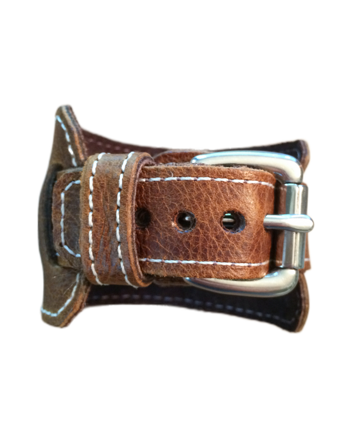Apple Watch "1990" leather cuff watch band (Vintage Brown/White stitch)