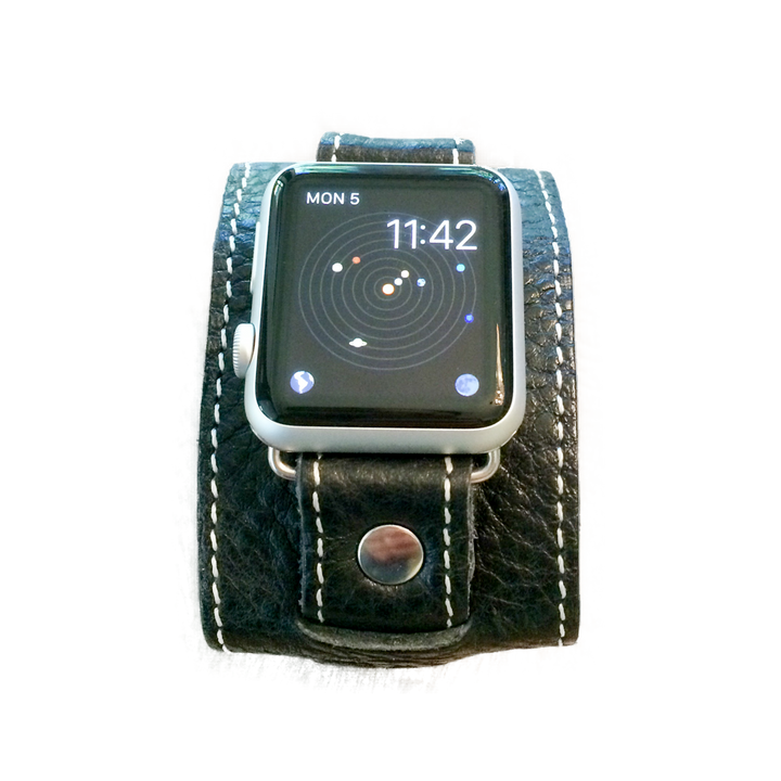 Apple Watch "1990" leather cuff watch band (Black/White stitch)