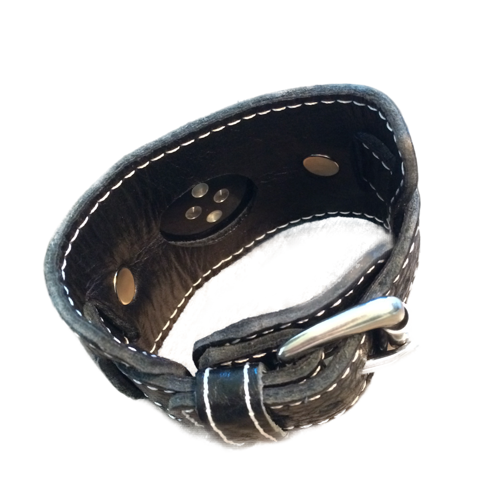 Correa de cuero tipo brazalete para Apple Watch "1990" (costura negra y blanca)