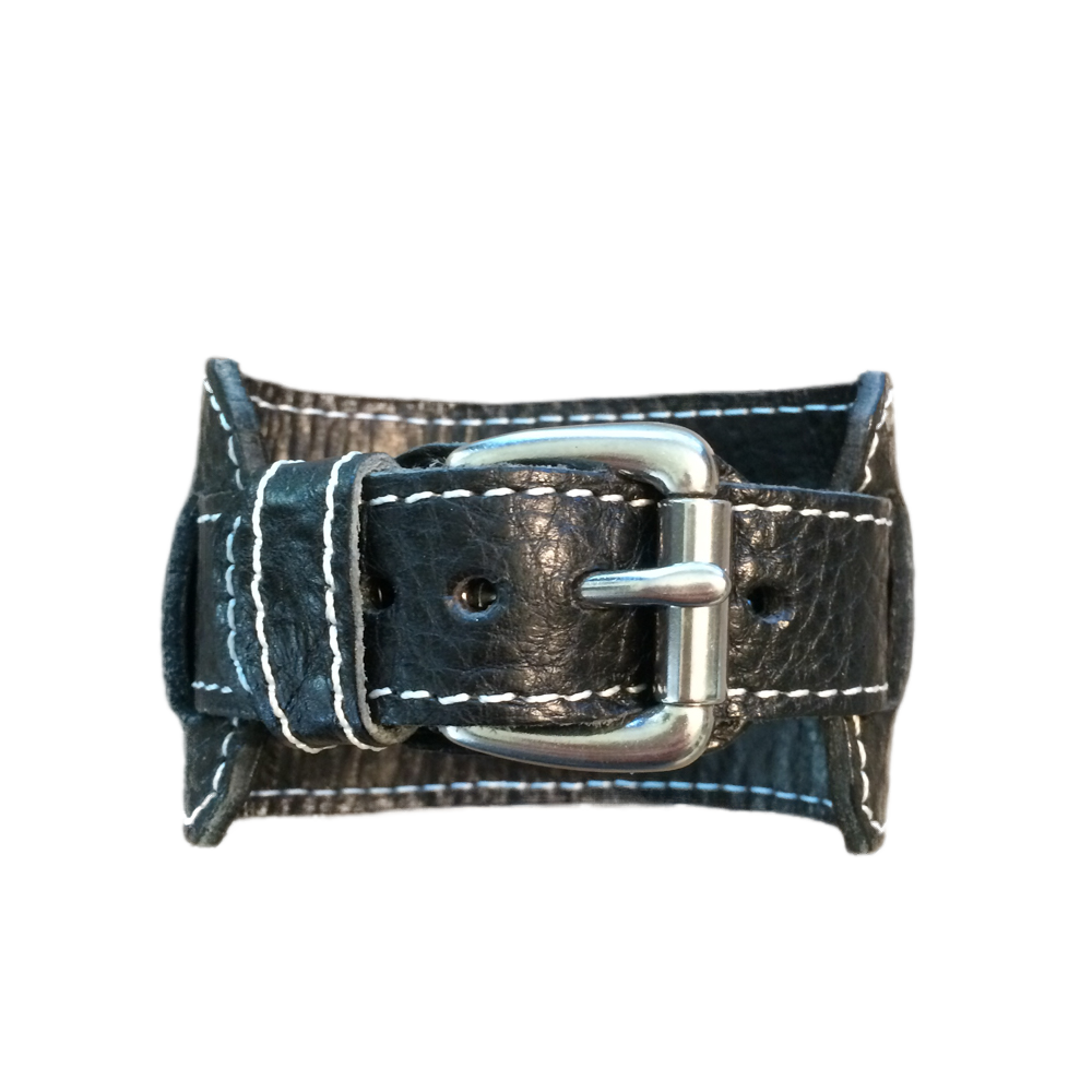 Correa de cuero tipo brazalete para Apple Watch "1990" (costura negra y blanca)