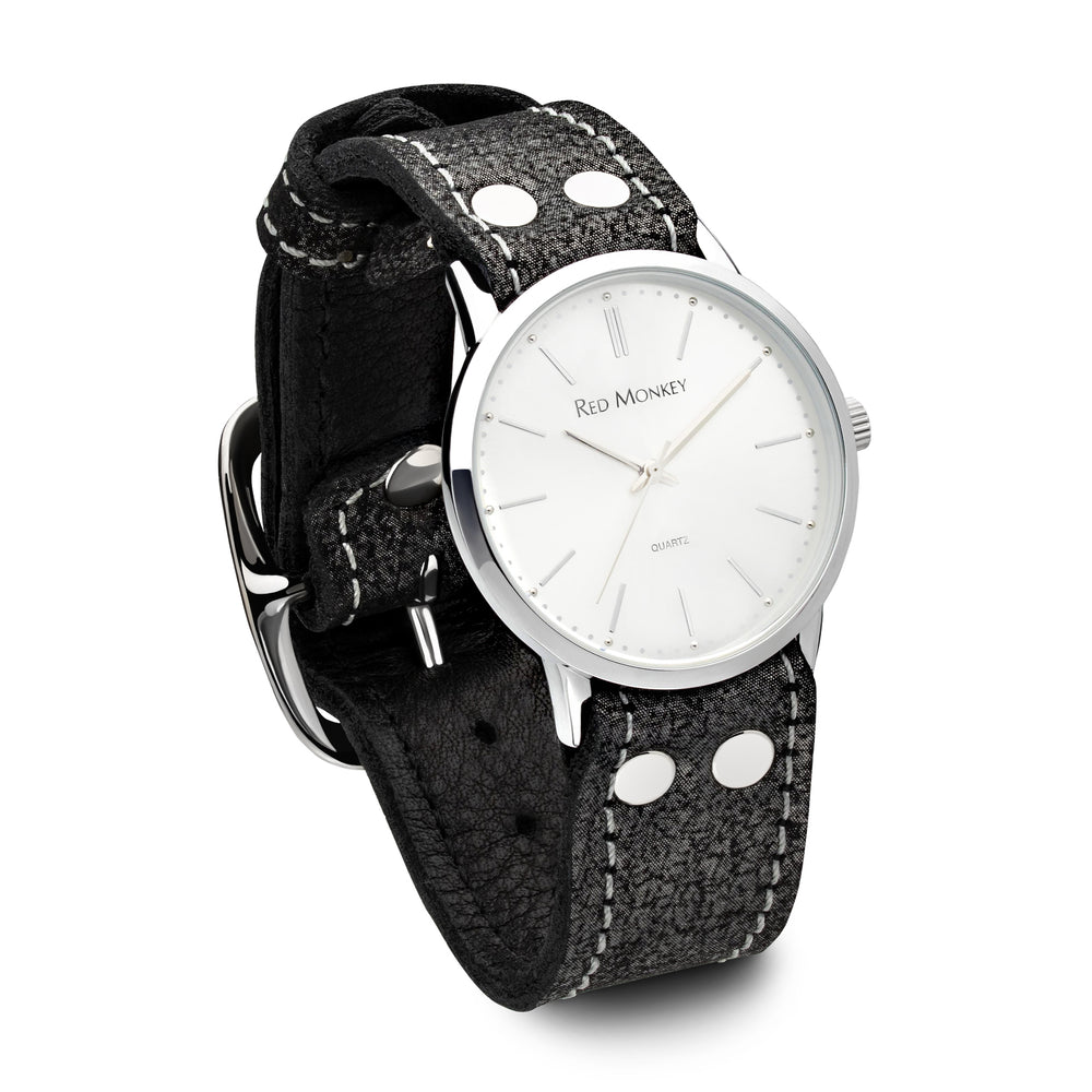 Silver and black leather watch