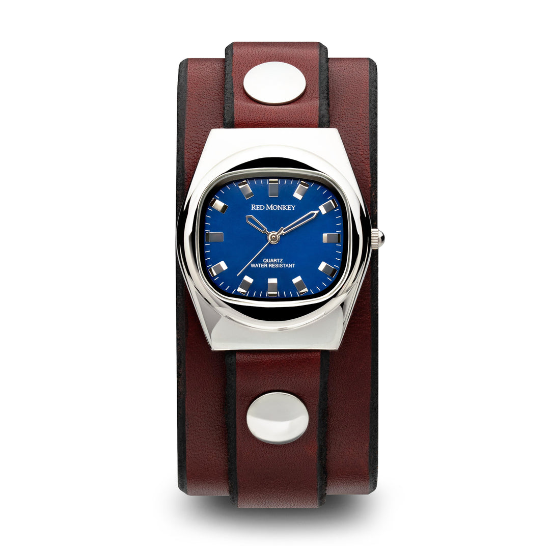 Brownstone leather watchband with vintage blue Red Monkey timepiece