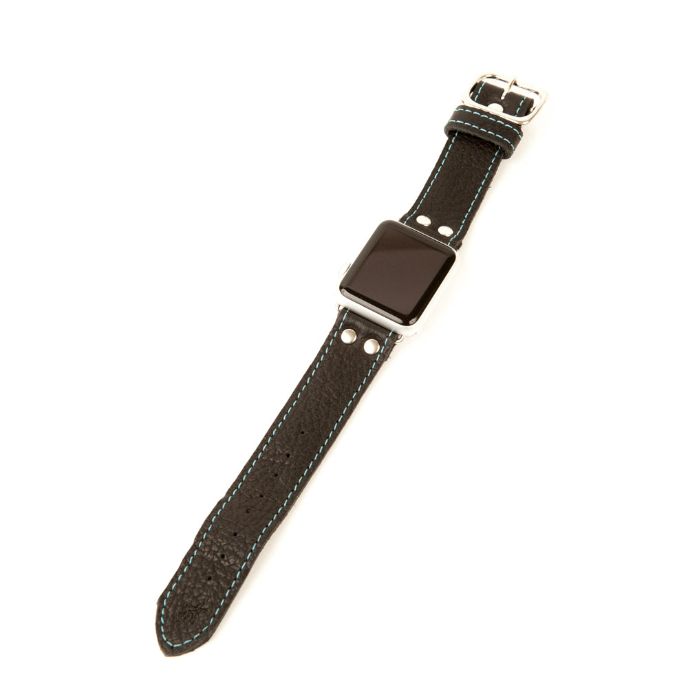 Leather Apple Watch band in Black with Blue stitch
