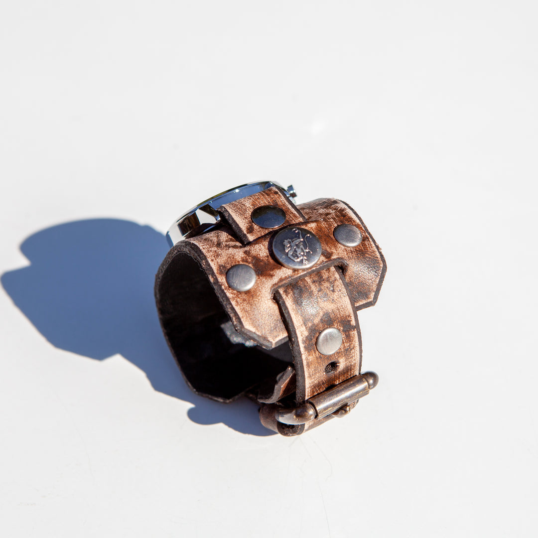 1960's cuff style watch by Red Monkey.  Hand-Dyed distressed leather