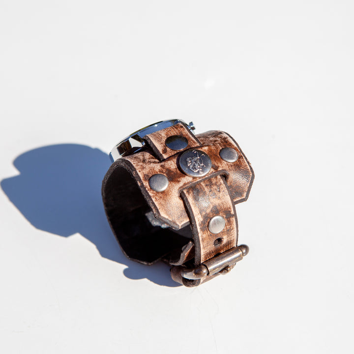 1960's cuff style watch by Red Monkey.  Hand-Dyed distressed leather