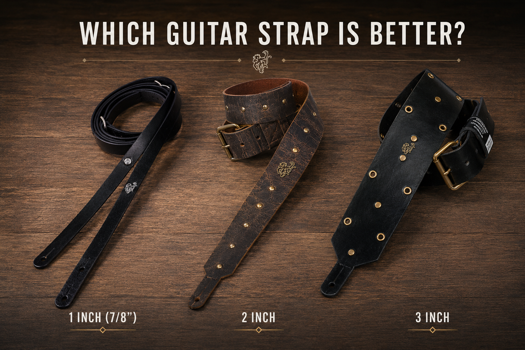 alt="Leather guitar strap width comparison showing 1 inch, 2 inch, and 3 inch guitar straps"