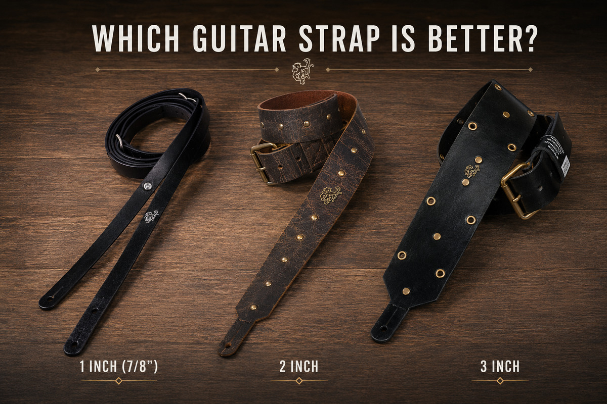 alt="Leather guitar strap width comparison showing 1 inch, 2 inch, and 3 inch guitar straps"