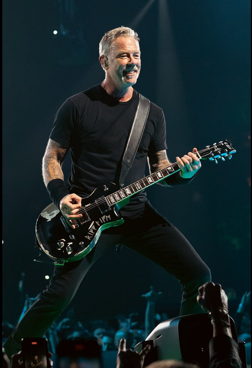 James Hetfield wearing custom Red Monkey leather guitar strap
