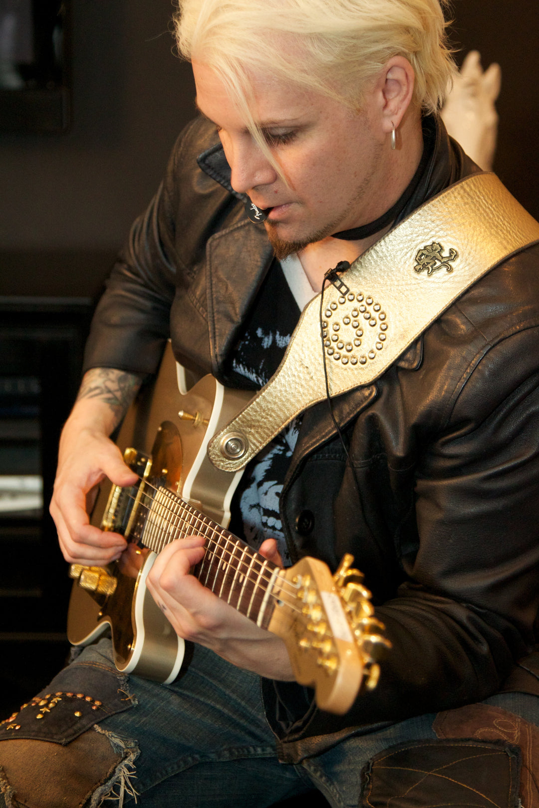 John 5 performing in the studio with his custom Goldie Telecaster and custom Red Monkey Goldie leather guitar strap configured for strap locks.