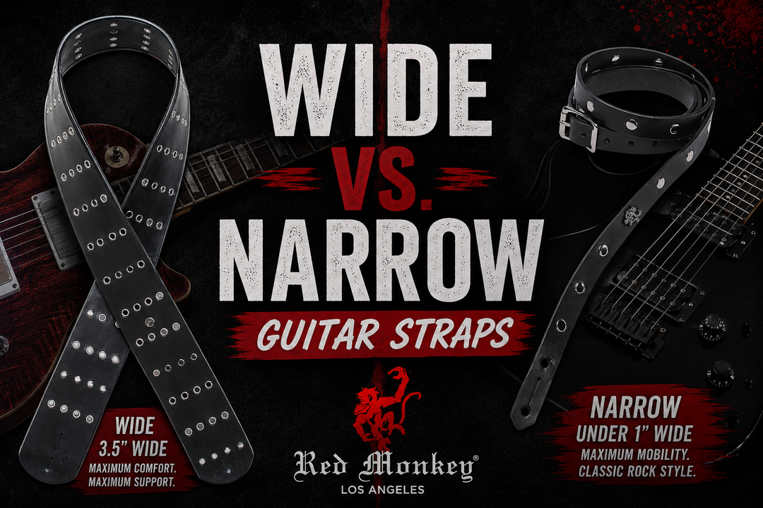 Wide vs narrow leather guitar straps comparison by Red Monkey Designs showing 3.5-inch wide strap and narrow Slasher strap