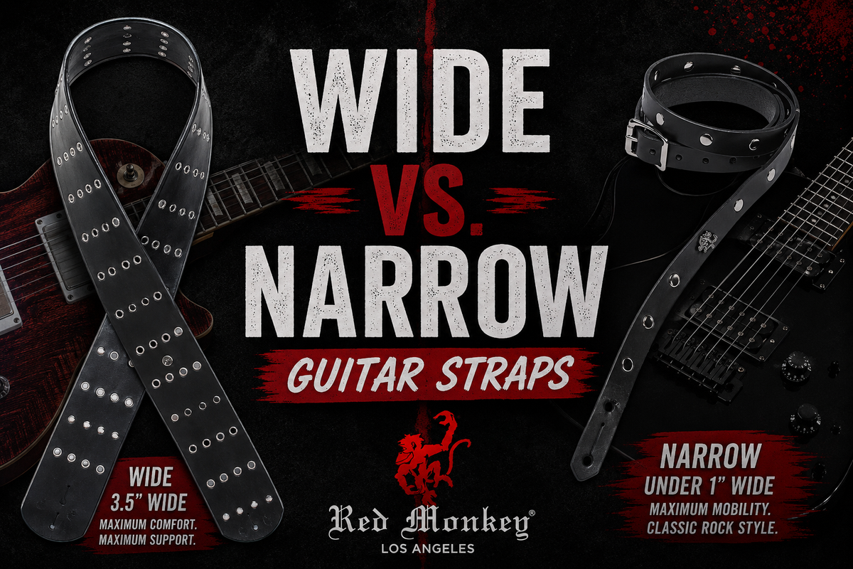 Wide vs narrow leather guitar straps comparison by Red Monkey Designs showing 3.5-inch wide strap and narrow Slasher strap