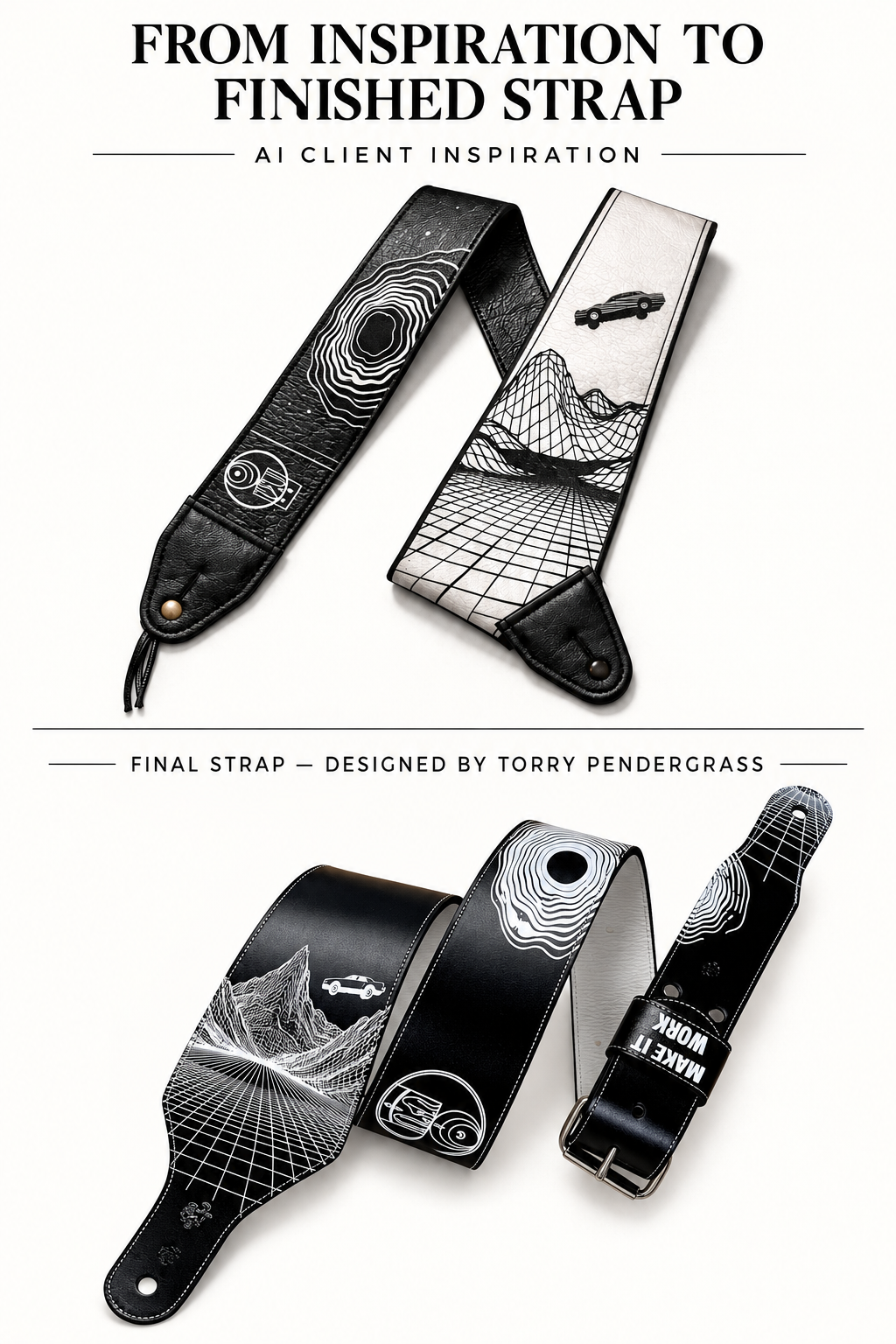 AI client inspiration above the finished custom leather guitar strap designed by Torry Pendergrass