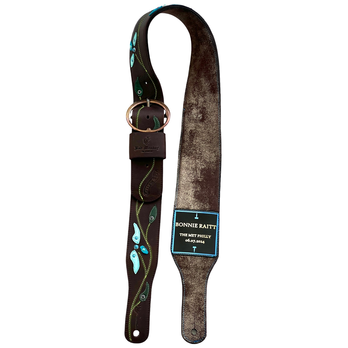 Custom Bonnie Raitt guitar strap with personalized artist plaque