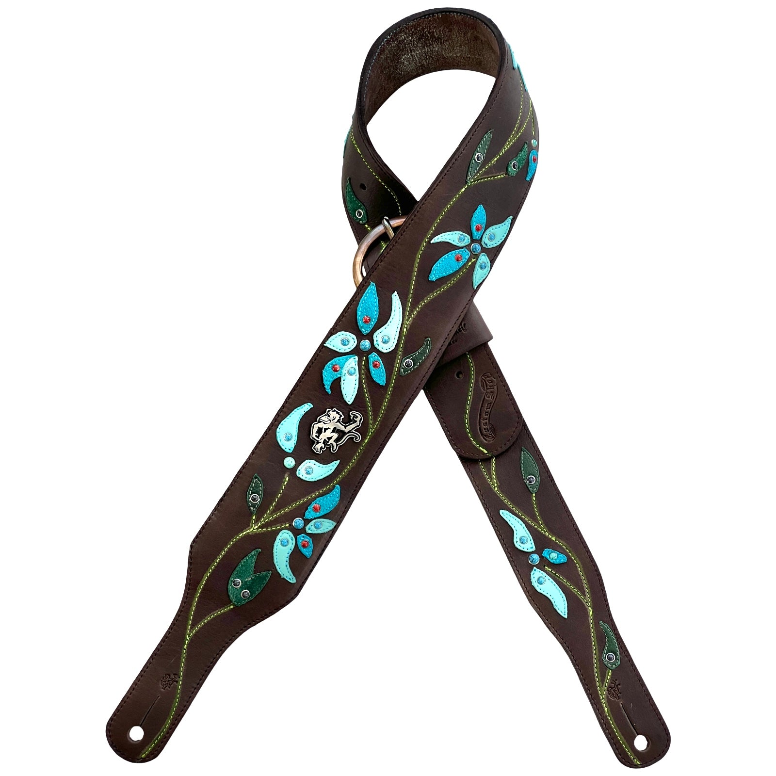 Custom Bonnie Raitt leather guitar strap handmade by Red Monkey Designs