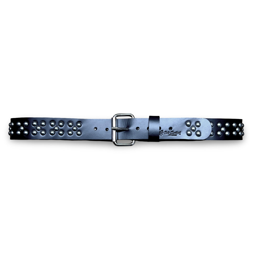 Cherry Bomb Studded Leather Belt in black leather with antique silver studs and silver buckle