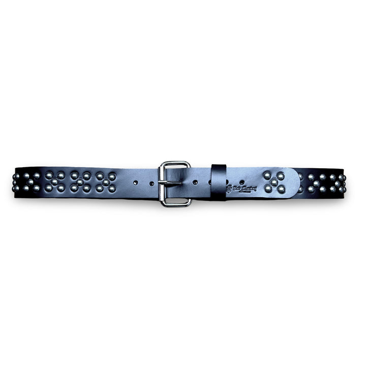 Cherry Bomb Studded Leather Belt in black leather with antique silver studs and silver buckle