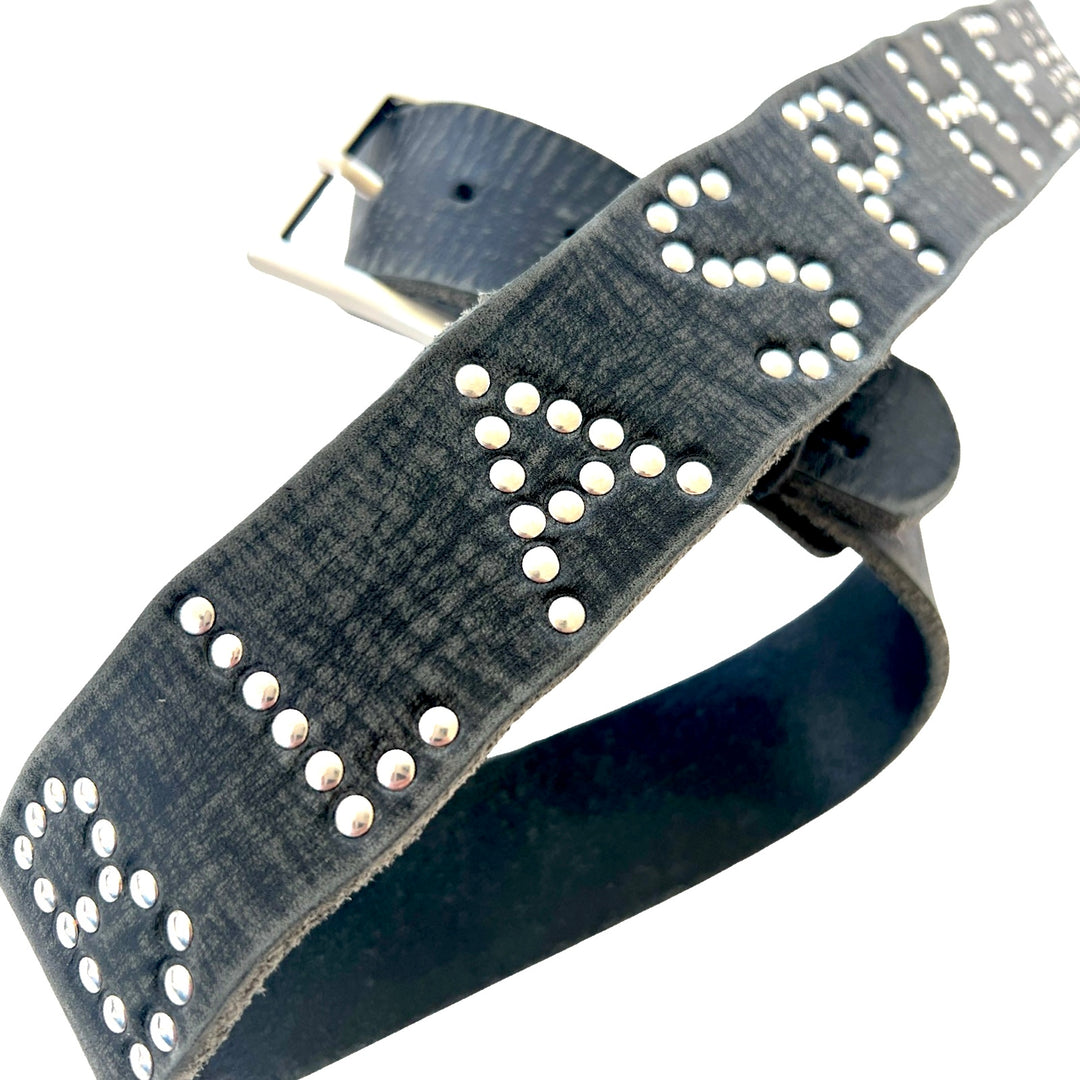 Blasphemy Belt in distressed black full-grain leather with solid brass buckle