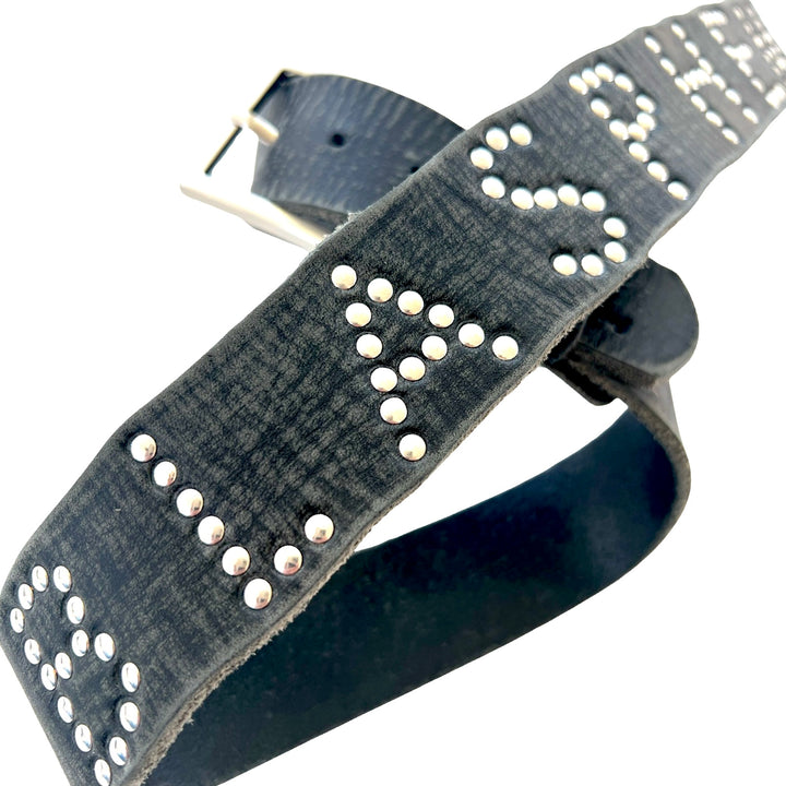 Blasphemy Belt in distressed black full-grain leather with solid brass buckle