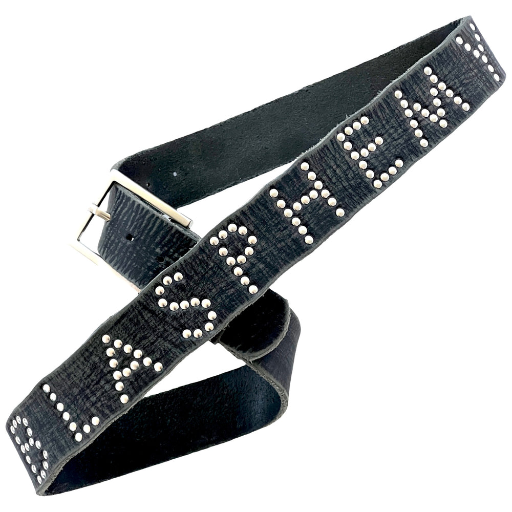 Close up of Blasphemy Belt with distressed black leather and solid brass buckle