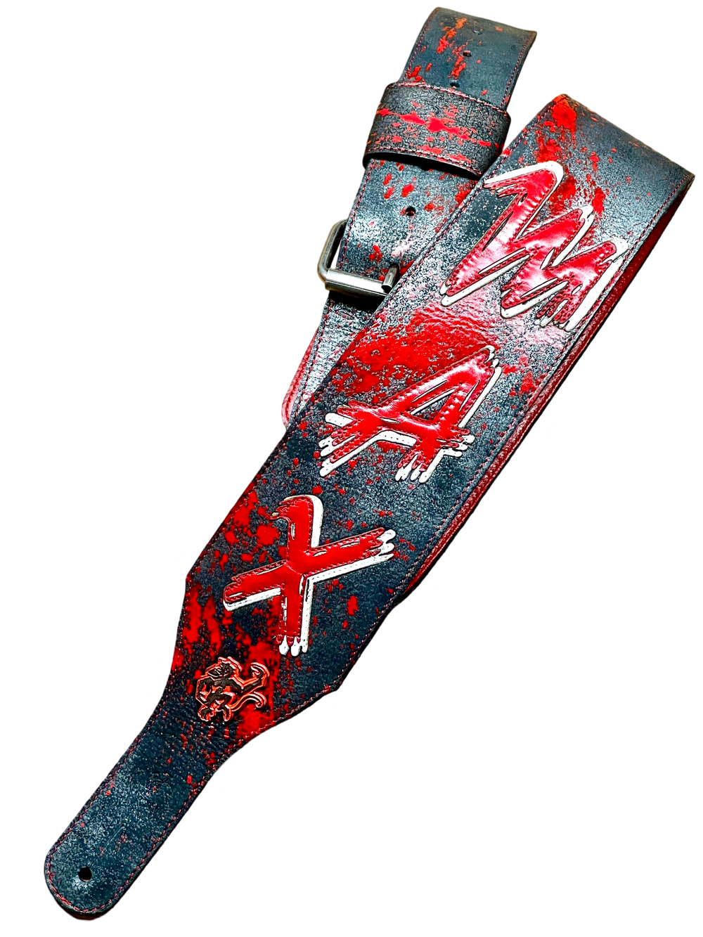 One-of-a-kind Red Monkey Custom Shop horror themed guitar strap with Max name artwork inspired by the original Mad Max movie