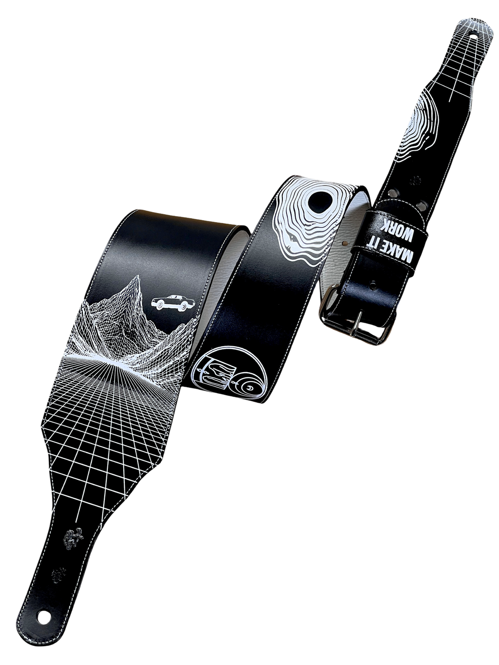 One-of-a-kind Red Monkey Custom Shop guitar strap inspired by Other Body album cover art with black and white graphic landscape artwork