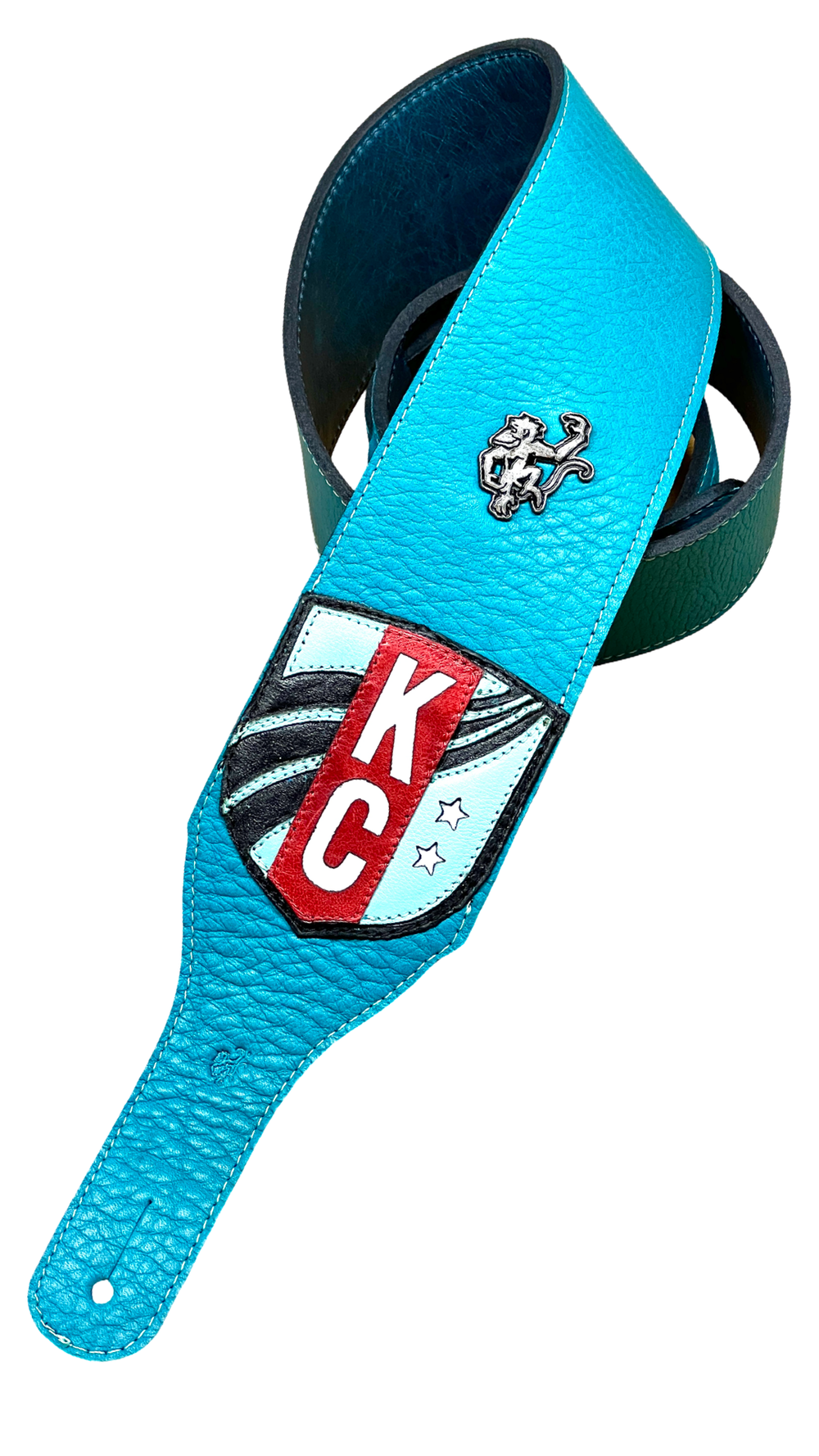 One-of-a-kind Red Monkey Custom Shop Kansas City guitar strap built for Melissa Etheridge with blue leather and custom KC artwork