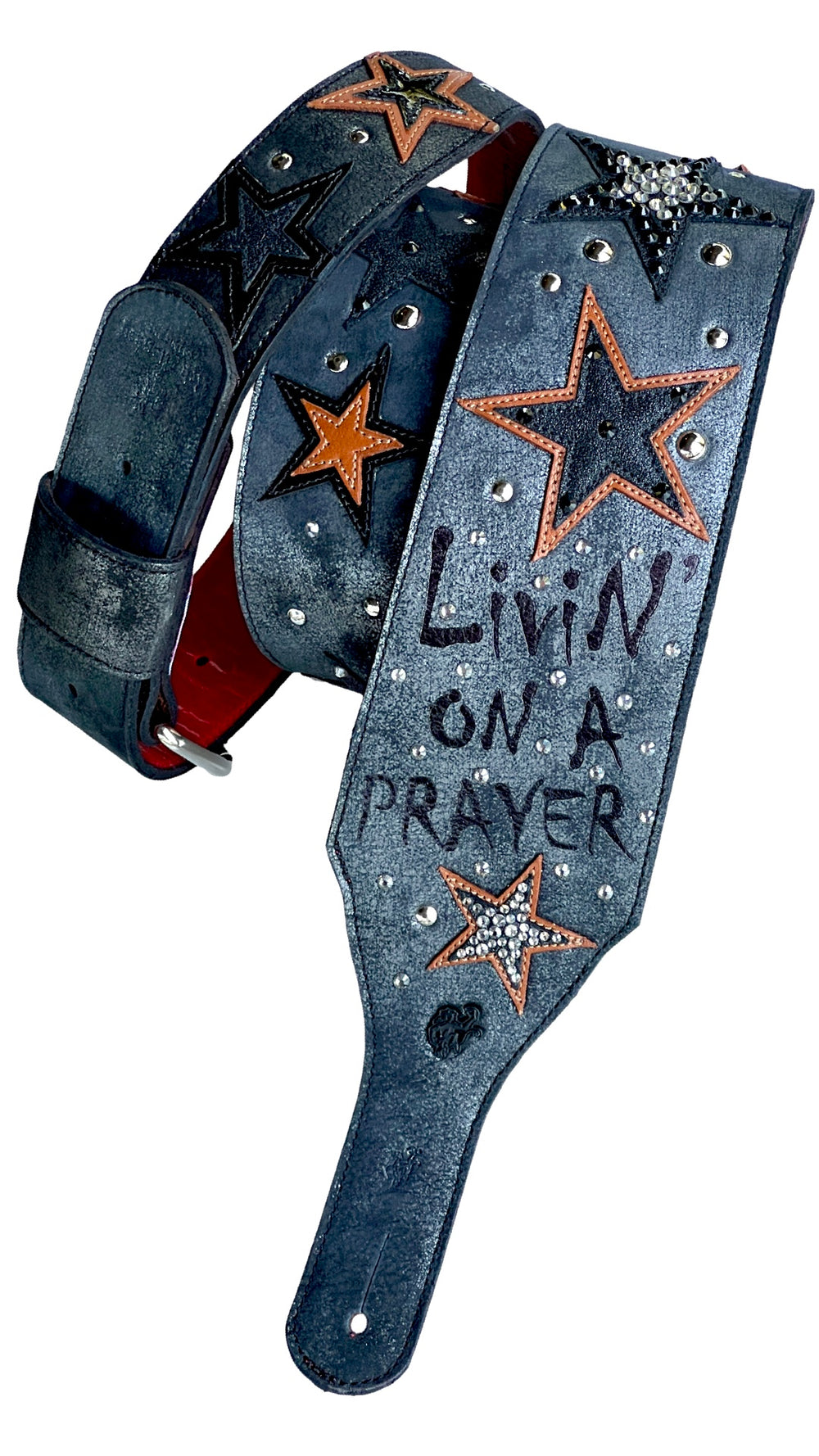 One-of-a-kind Red Monkey Custom Shop guitar strap inspired by a favorite Bon Jovi record with stars rhinestones and custom lettering