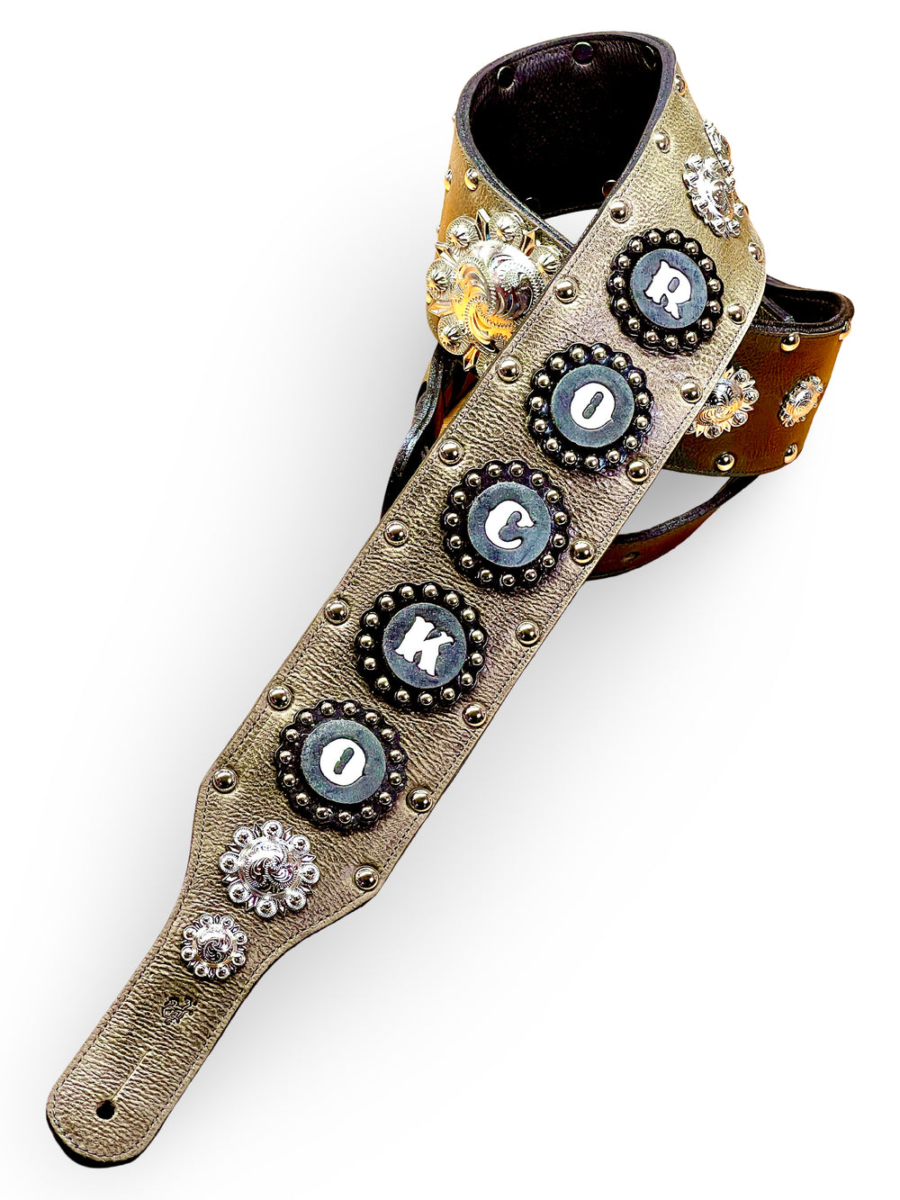 One-of-a-kind Red Monkey Custom Shop western guitar strap built for country musician Rocko Beall with conchos studs metallic leather and skull details