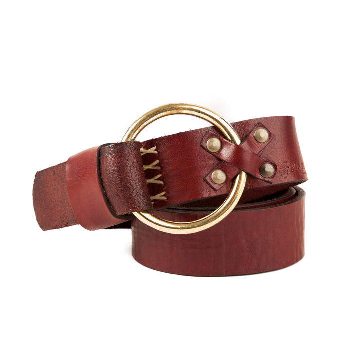 Bohemian X-Stitch Belt in cordovan full-grain leather with solid brass ring buckle