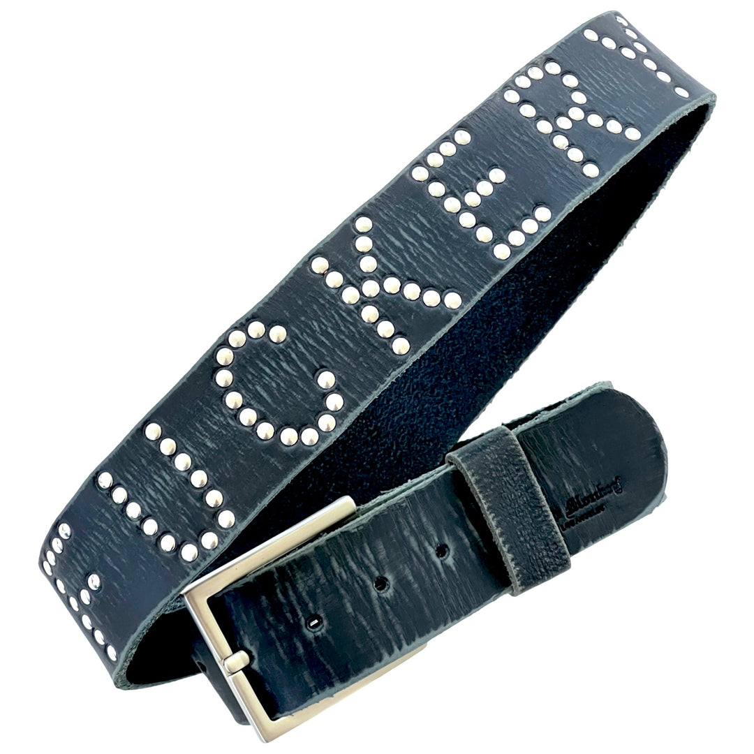 Close-up of Fuckery Studded Belt with silver stud lettering on black leather