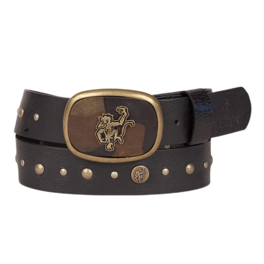 Close-up of Crook III Belt with black signature leather and camo inlay buckle