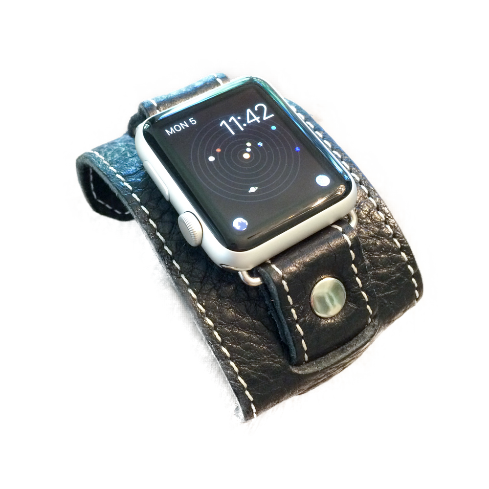Apple Watch "1990" leather cuff watch band (Black/White stitch)