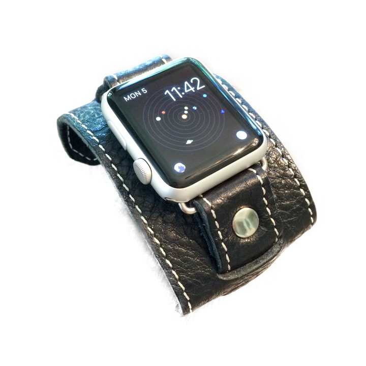 Apple Watch "1990" leather cuff watch band (Black/White stitch)