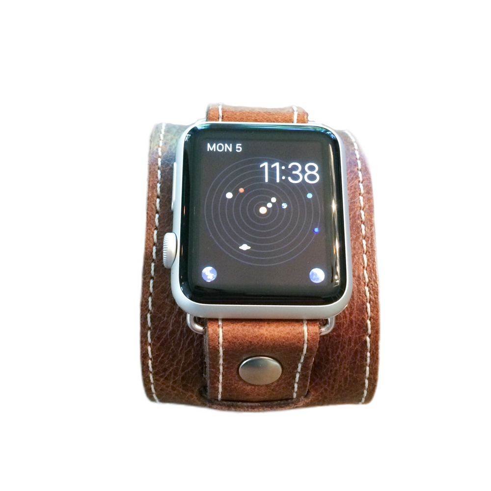 Apple Watch "1990" leather cuff watch band (Vintage Brown/White stitch)