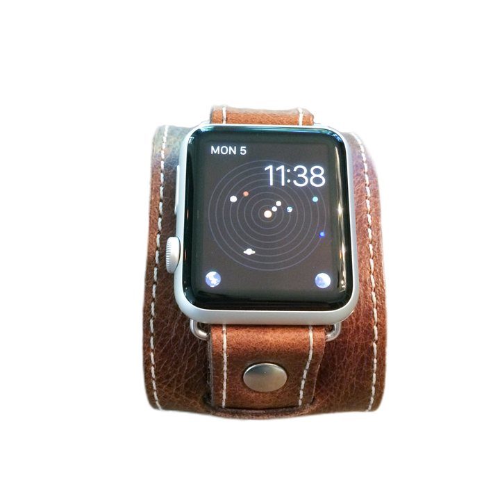 Apple Watch "1990" leather cuff watch band (Vintage Brown/White stitch)
