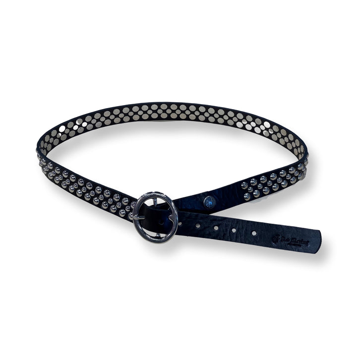 Close-up of Runaway Belt with silver studs on black leather