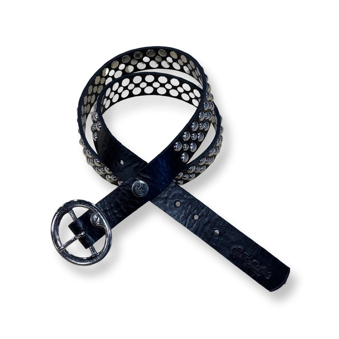 Runaway Skinny Studded Leather Belt in black leather with silver studs and silver buckle