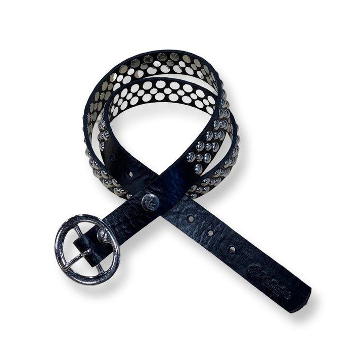 Runaway Skinny Studded Leather Belt in black leather with silver studs and silver buckle