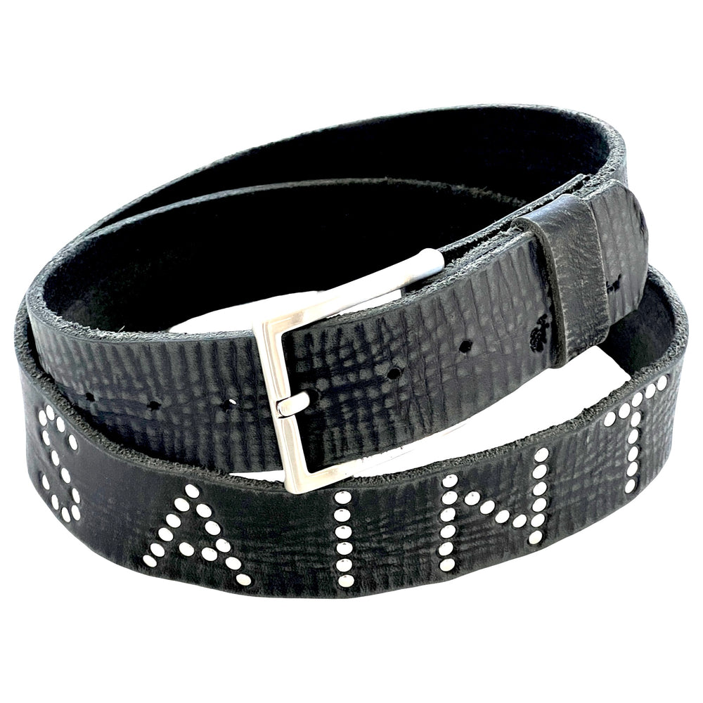 Saint black leather belt with solid brass buckle and snap construction