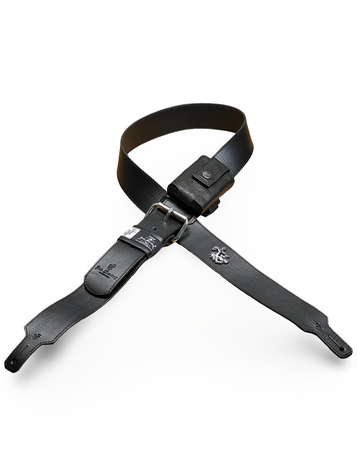 Full guitar strap setup with black leather wireless pack transmitter holder
