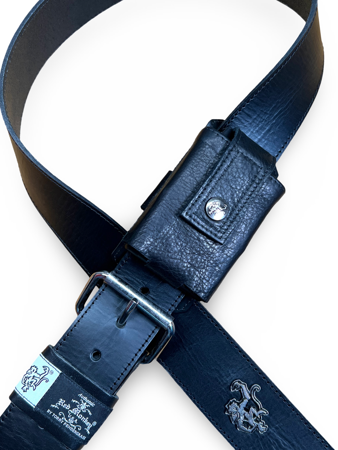 wireless-pack-installed-on-black-leather-strap with Red Monkey snap closure