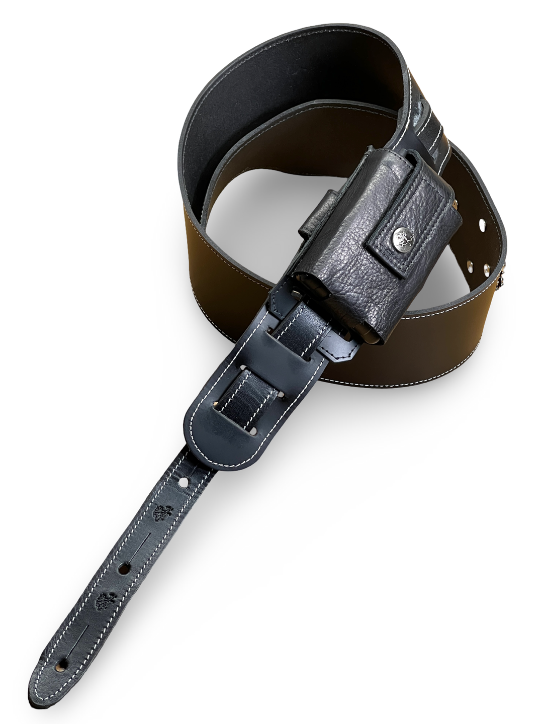 Angled view of black leather wireless pack holder with snap closure