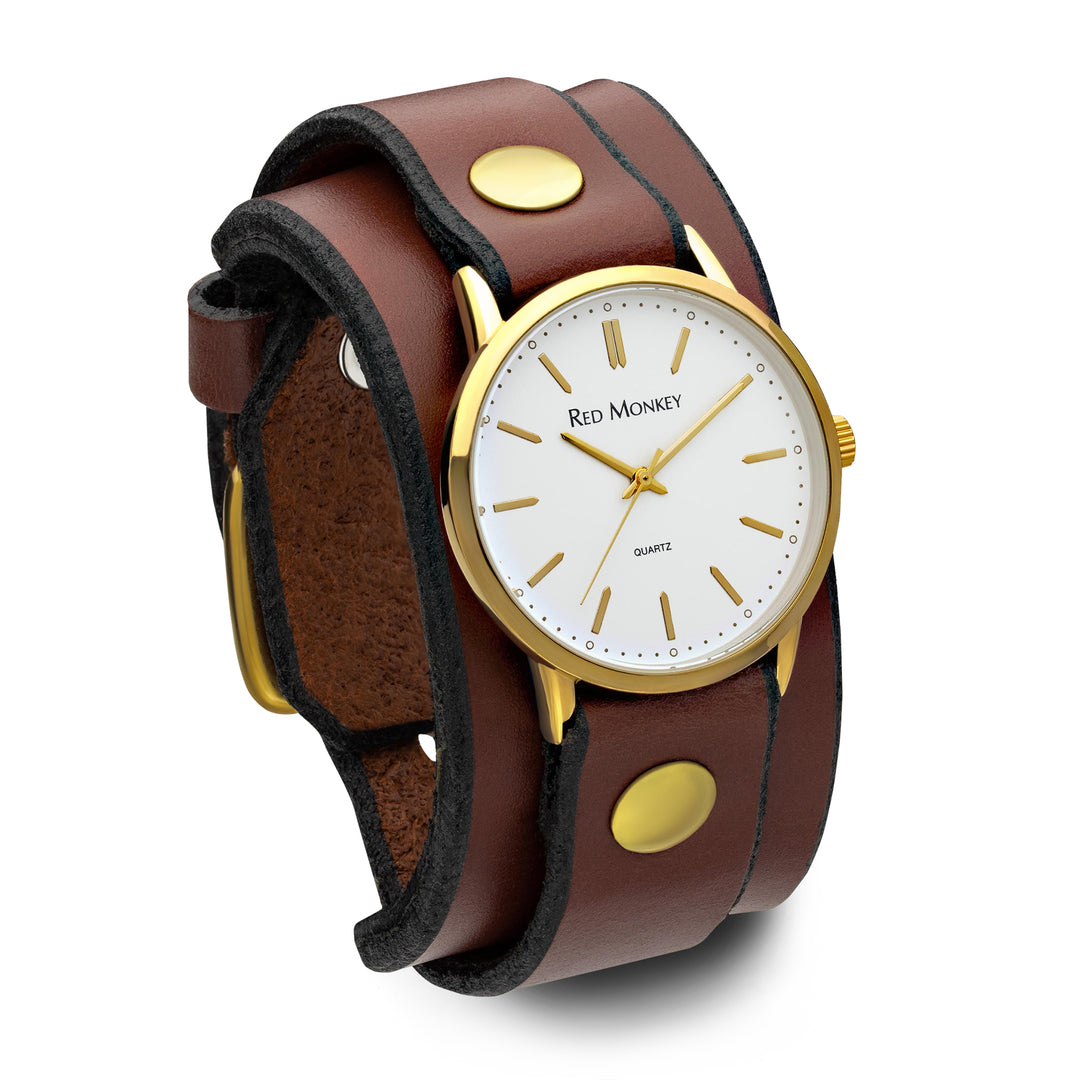 Wide leather watchband with gold case timepiece
