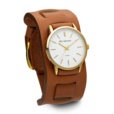 Tan leather watchband with gold watch