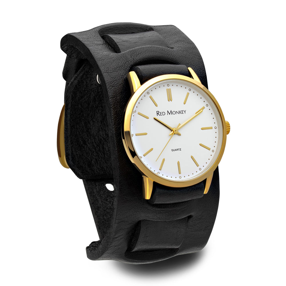wide leather watchband with gold case