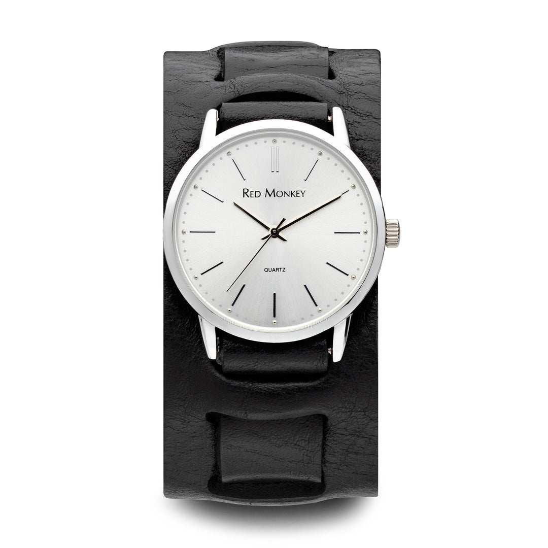 Black leather wide cuff silver face watch