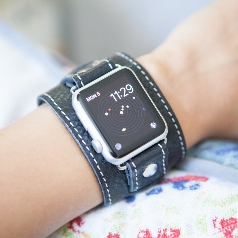 Wide Black Leather Apple Watch Cuff Bracelet | Red Monkey – Red
