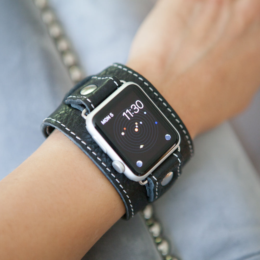 Black Leather Apple Watch Band Stars Strap Unisex Bracelet 