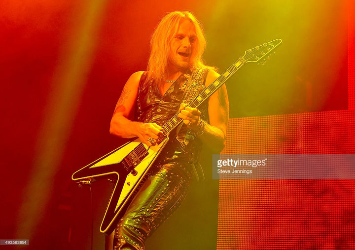 Richie Falconer of Judas Priest playing his Red Monkey guitar strap.